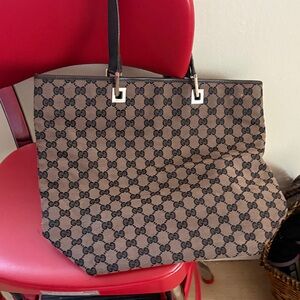 Authentic project Gucci Tan and Black Monogram Tote